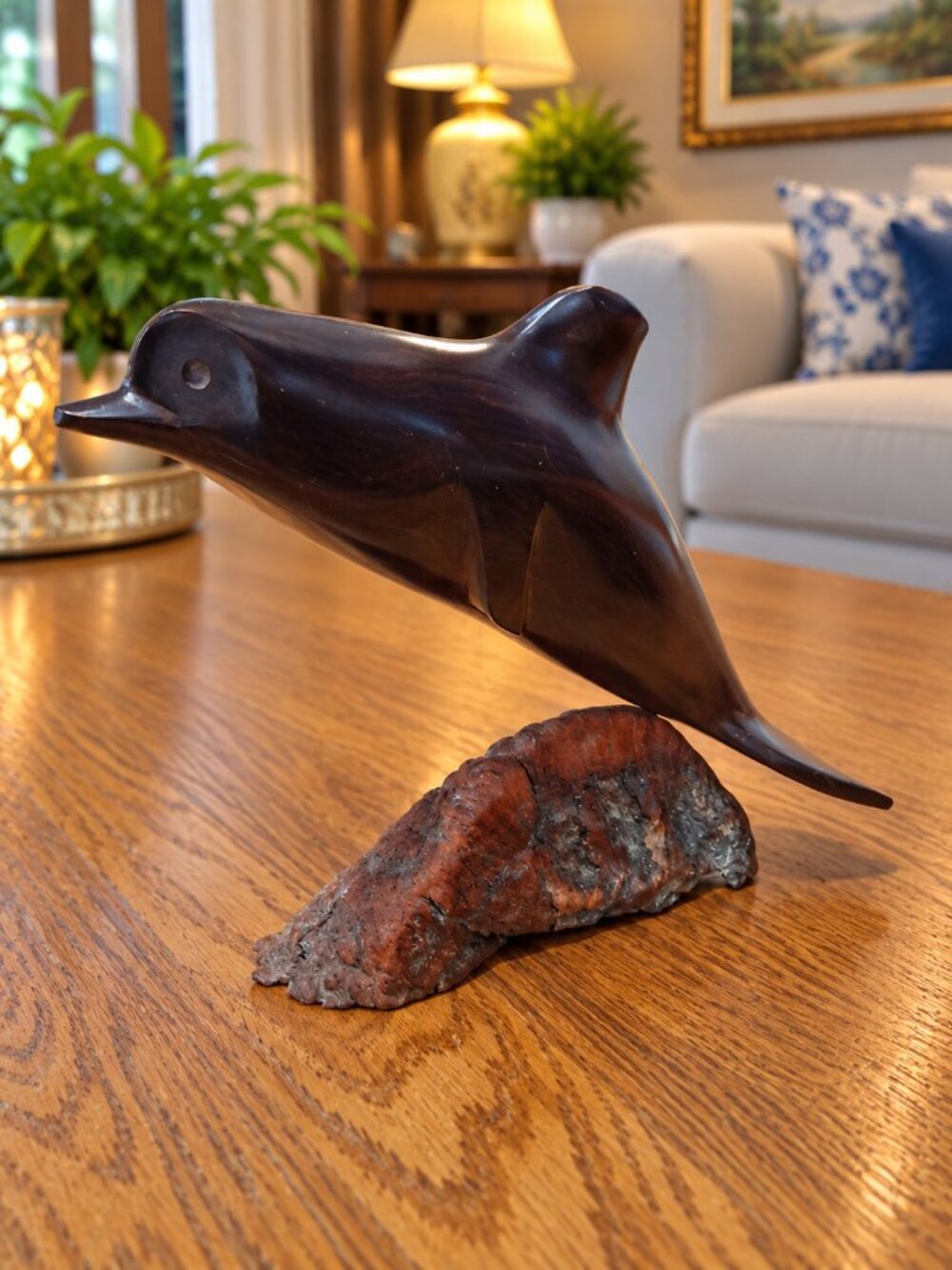 Vintage Hand Carved Ironwood Dolphin Sculpture on Raw Base 8.75”